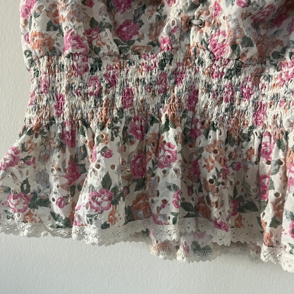 Guess Floral Eyelet Ruffle Scoop Neck Smocked Peplum Top XL Blouse Prairie Boho - Picture 4 of 15